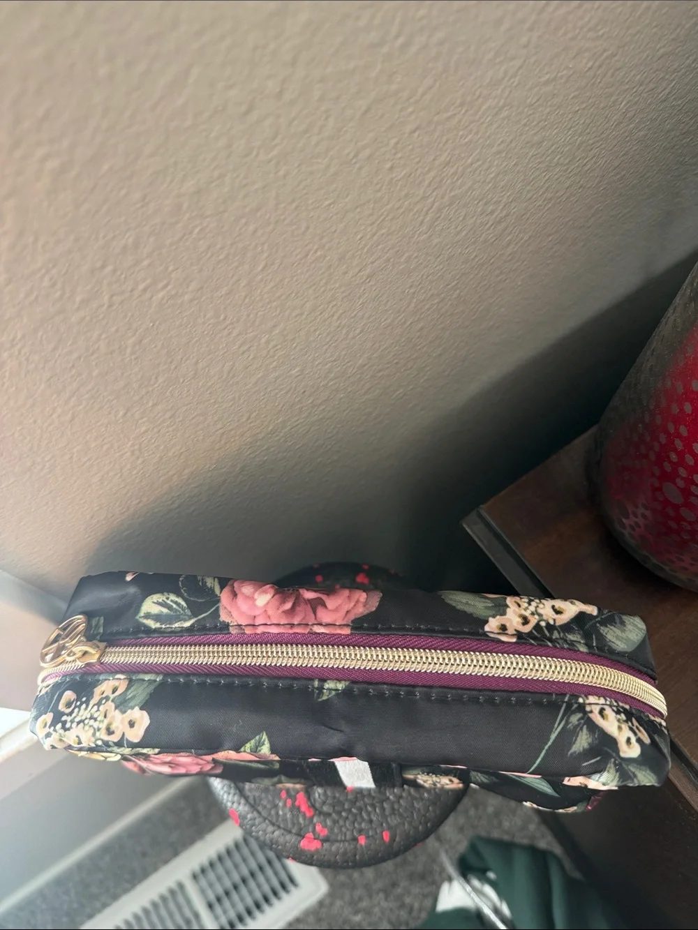 Black Floral Crossbody Bag with Gold Accent makeup purse Sonia Kashuk clutch